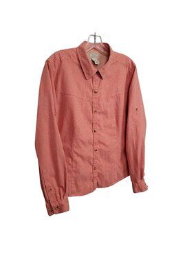 LL Bean Women XL Shirt Fishing Button Up Roll Tab Gingham Check Mesh Lined Coral